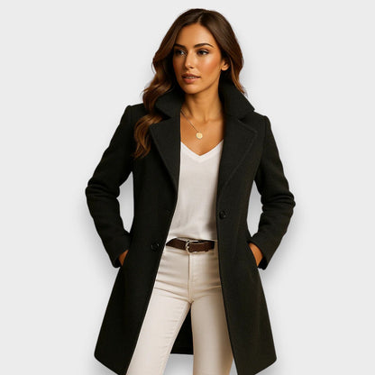 Women's long wool coat, black, notched lapel, double-breasted button front.