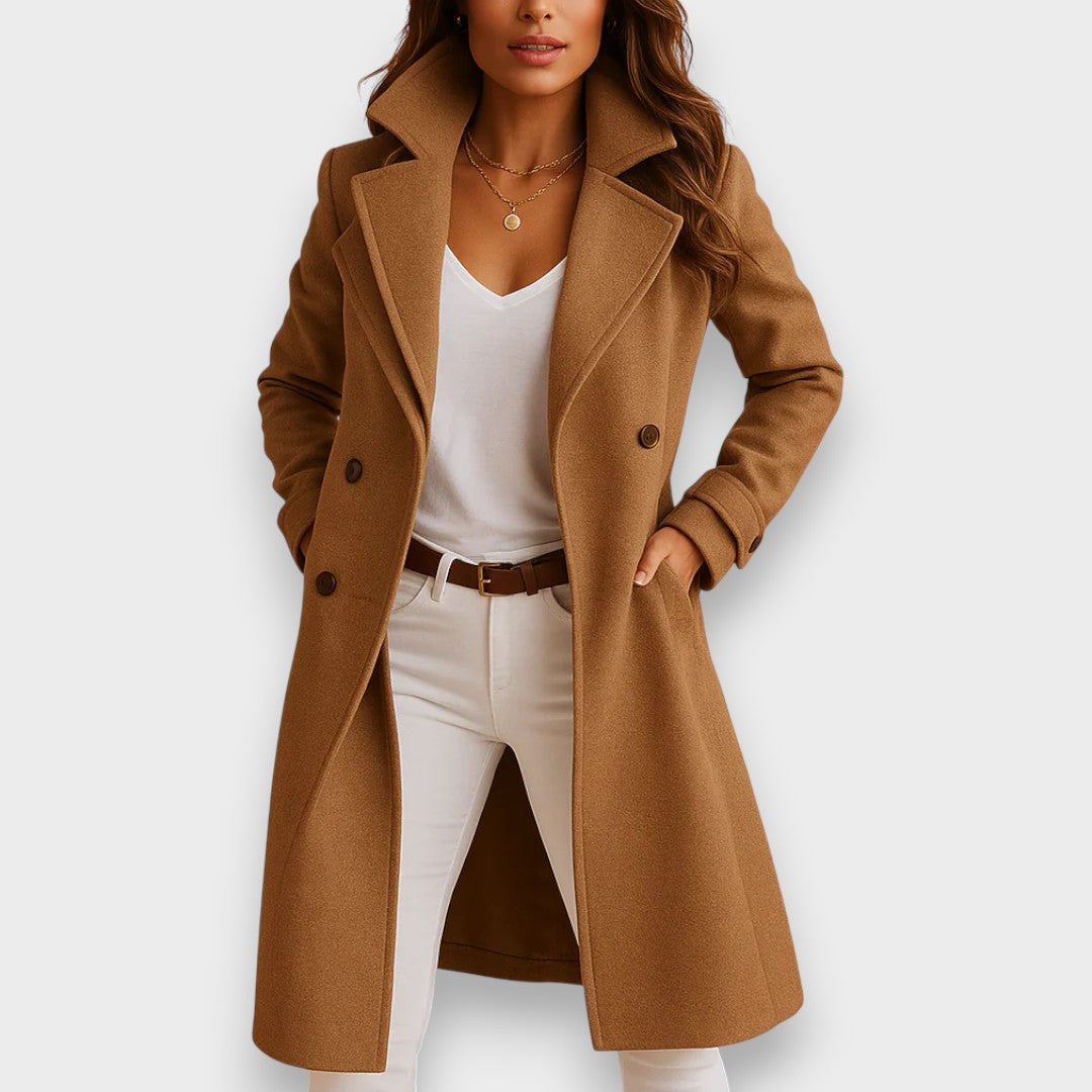 Women's long wool coat, camel, notched lapel, double-breasted button front.