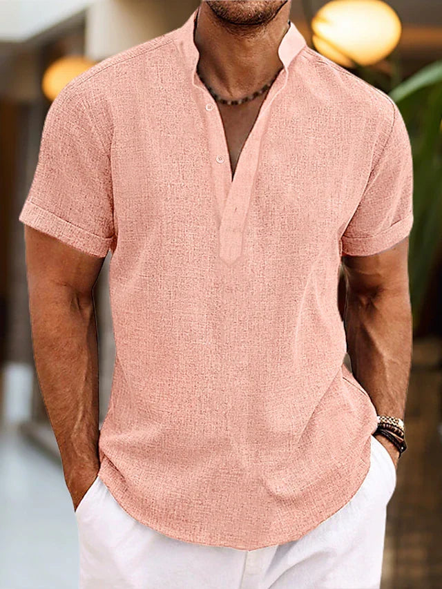 Men's pink linen short-sleeve henley shirt, open collar placket with buttons.