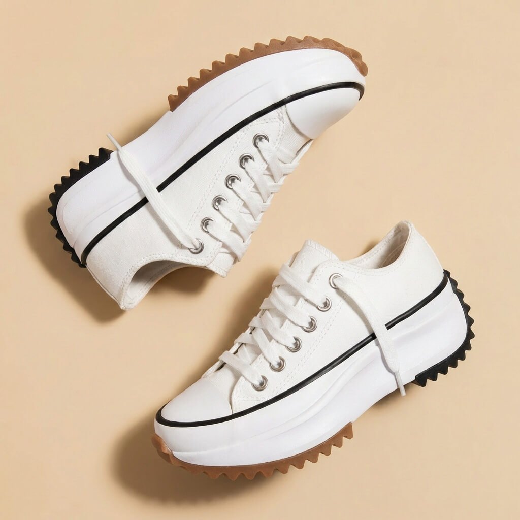 Ivory white lace-up platform sneakers, white upper, black trim, treaded outsole