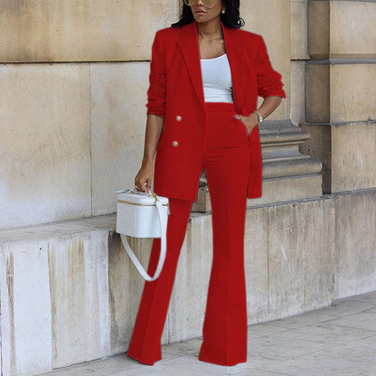 Red two-piece blazer and wide-leg trousers set with gold-button double-breasted look