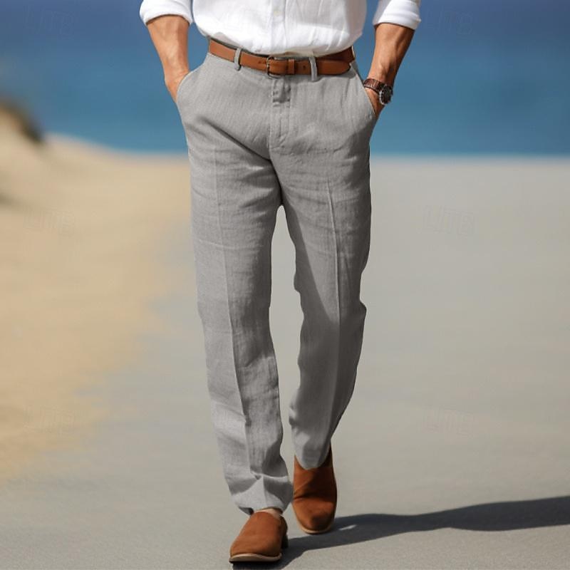 Gray linen men’s pants with belt loops, button fly, straight fit