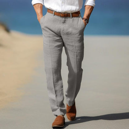 Gray linen men’s pants with belt loops, button fly, straight fit
