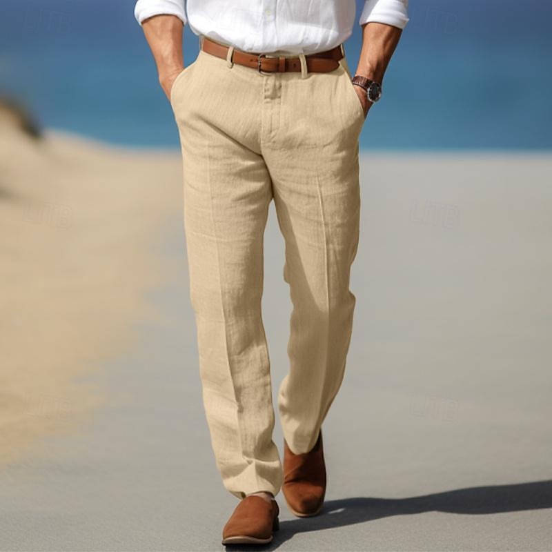 Beige linen men’s pants with belt loops, button fly, straight fit