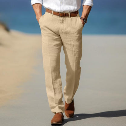 Beige linen men’s pants with belt loops, button fly, straight fit