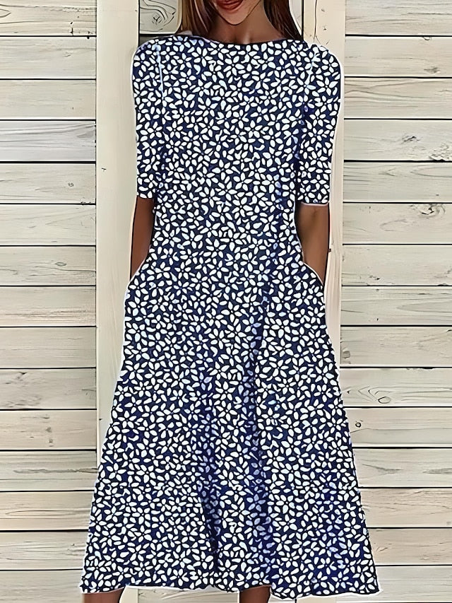 Floral midi dress in navy with white micro pattern, round neckline and short sleeves